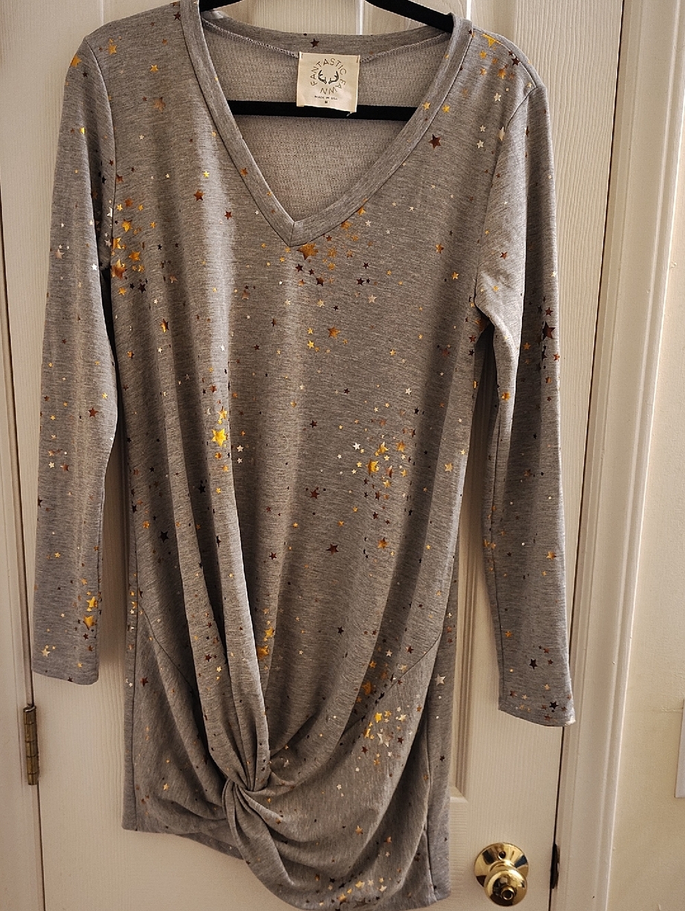 Fantastic Fawn Gray Top with Metallic Star Detail